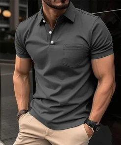 Men New Summer Short Sleeve Casual Pure Color Lapel Polo Shirt with Pocket .