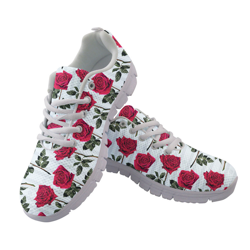 Pattern Of Red Flowers Roses And Leaves On Striped Background Running Shoes Sport Sneakers