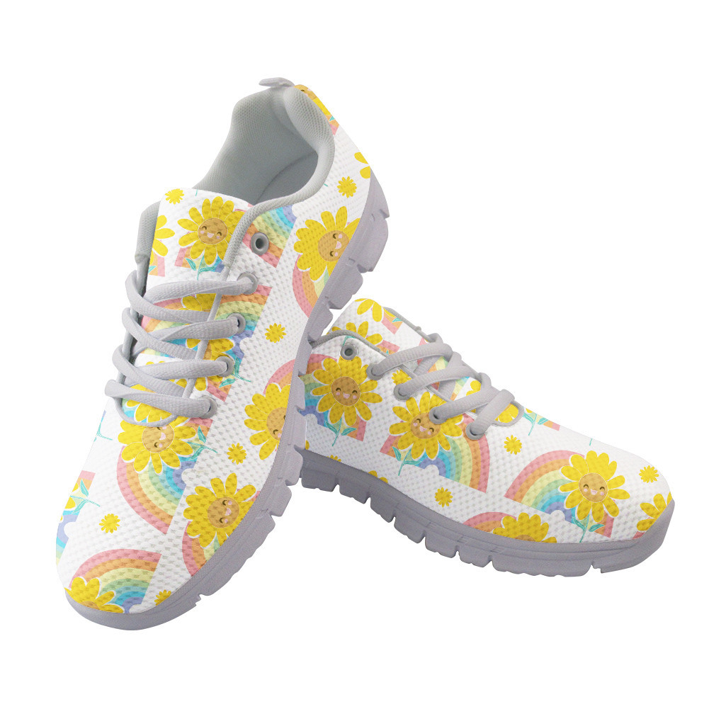 Pastel Rainbow And Happy Smiley Sunflower Cartoon Character Pattern Running Shoes Sport Sneakers